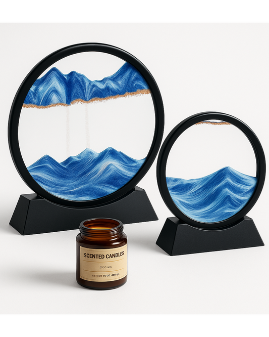 Two circular moving sand art tables with blue sand creating various landscapes, framed in black with a clear glass top, displayed next to a scented candle.