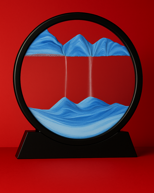 Spherical sand art piece on a red background