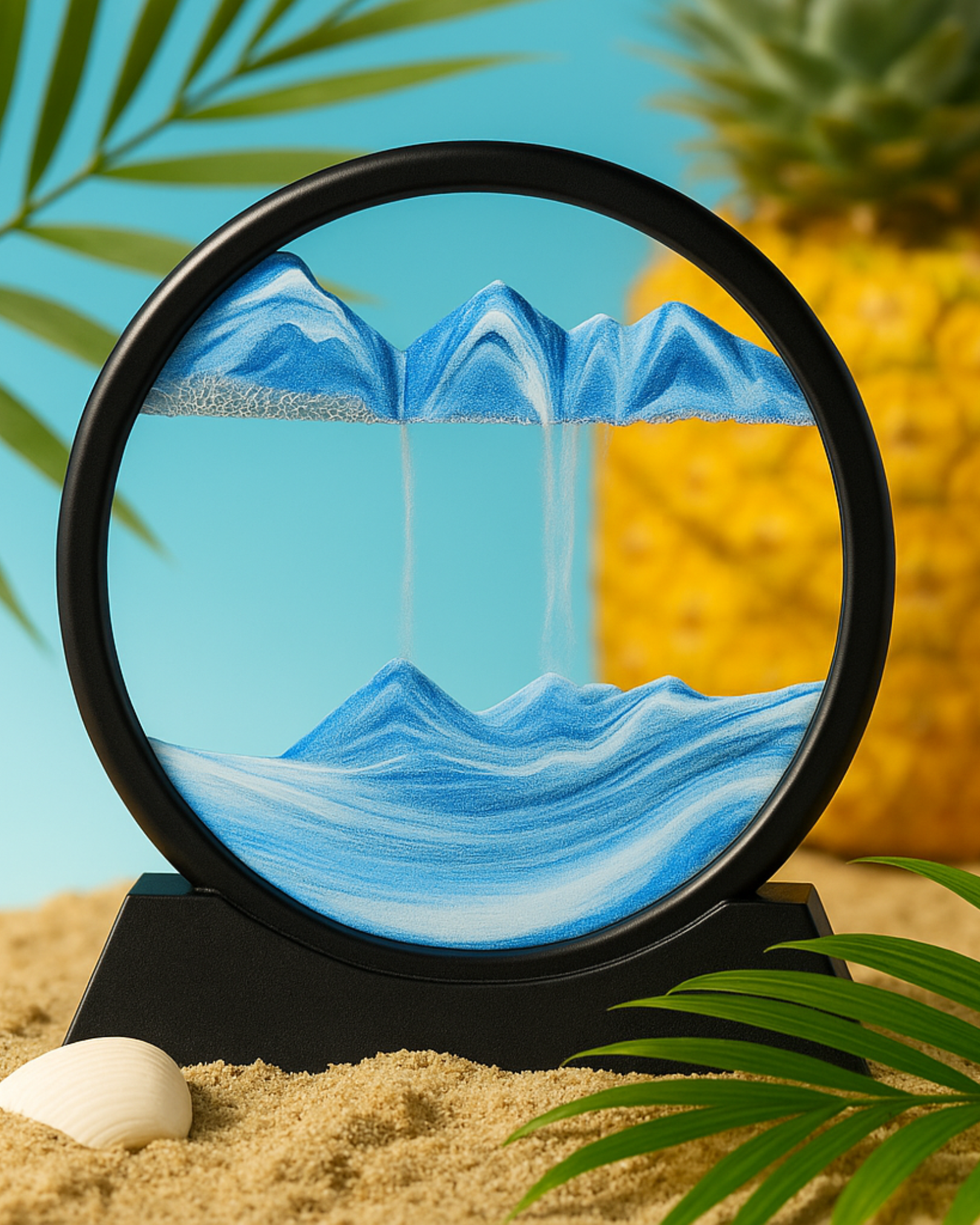 Decorative sand art piece with blue mountains and water against a tropical background.