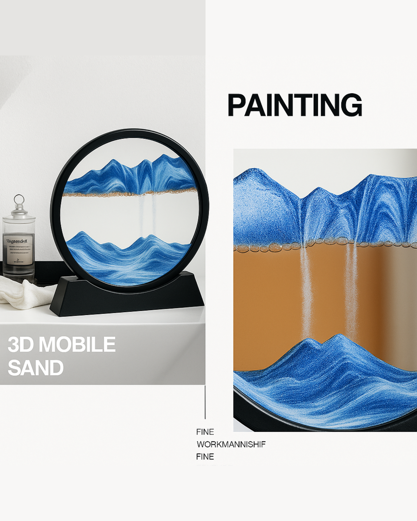 Artistic depiction of blue sand art with text labels '3D Mobile Sand' and 'Painting'.