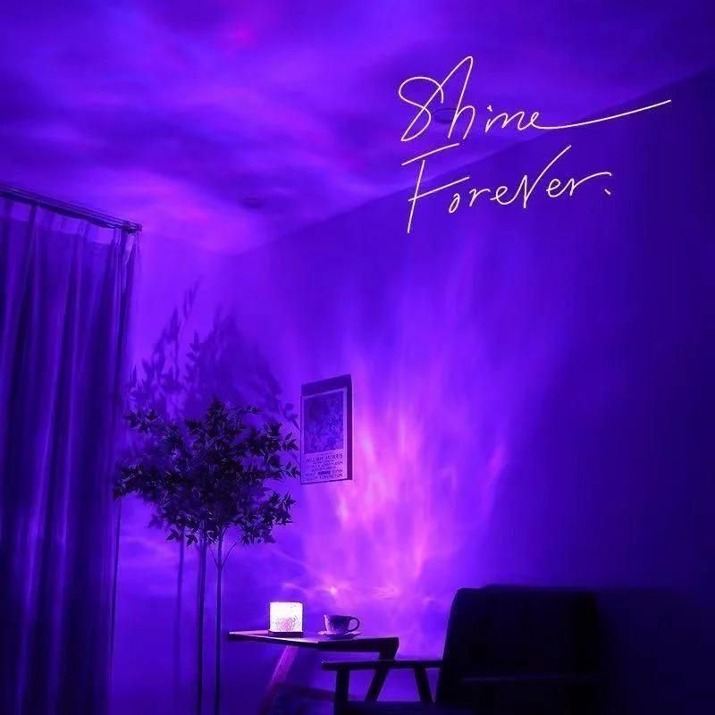 Room with purple lighting, plant, and 'Shine Forever' text on wall