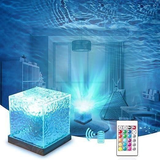 Blue glowing cube light with remote control in a room setting