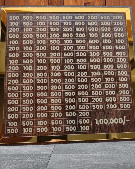 A wooden piggy bank with a savings challenge displayed on the front, aiming to reach ₹1,00,000 with slots for different denominations.