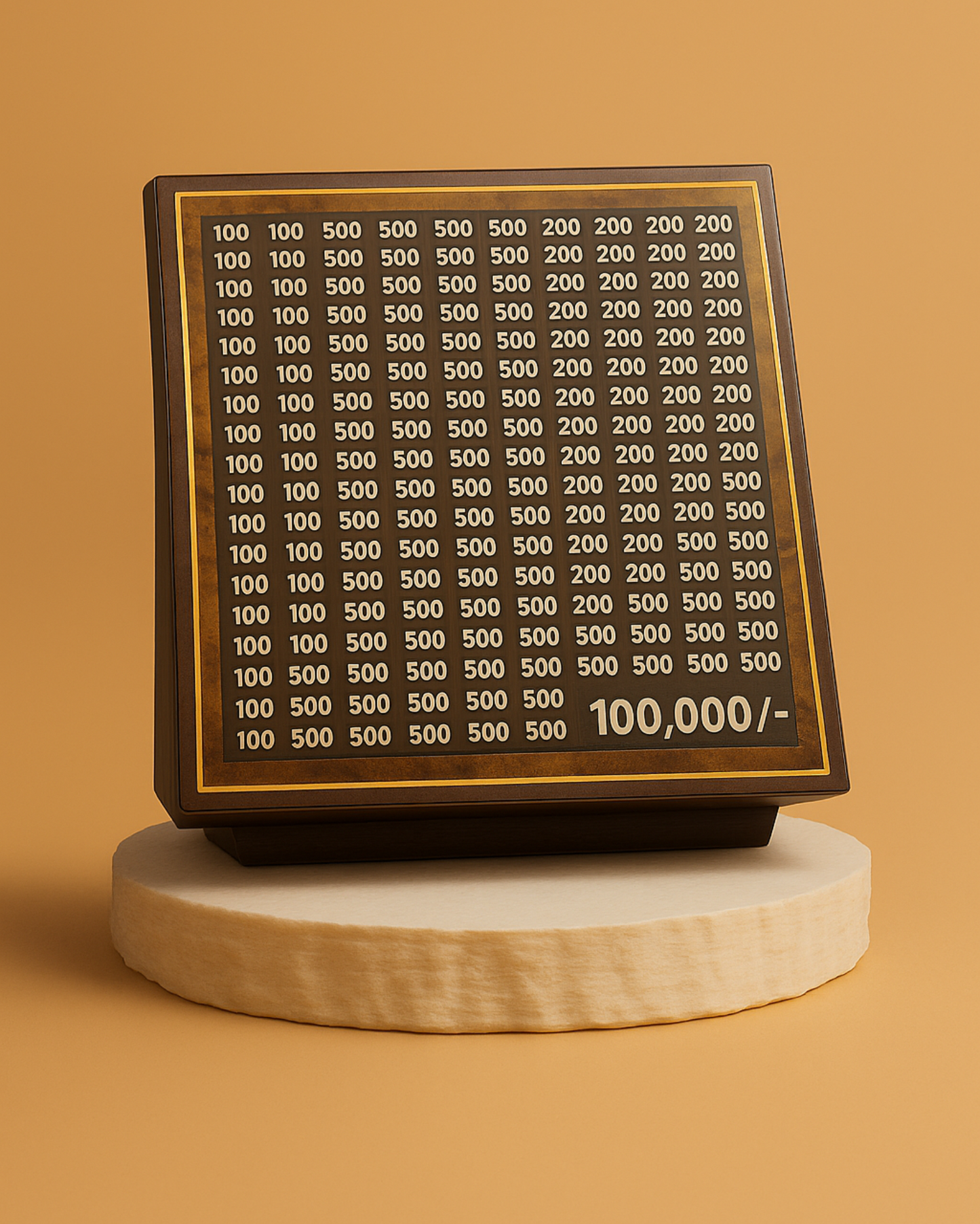 Wooden board with printed numbers on a wooden platform against a solid background.