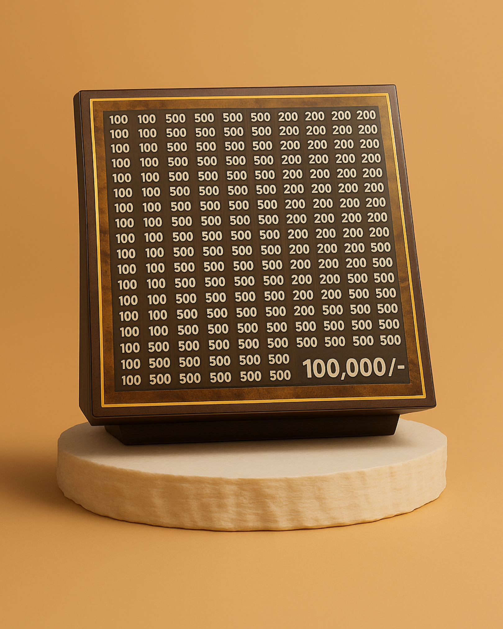 Wooden board with printed numbers on a wooden platform against a solid background.