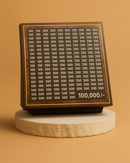 Wooden board with printed numbers on a wooden platform against a solid background.