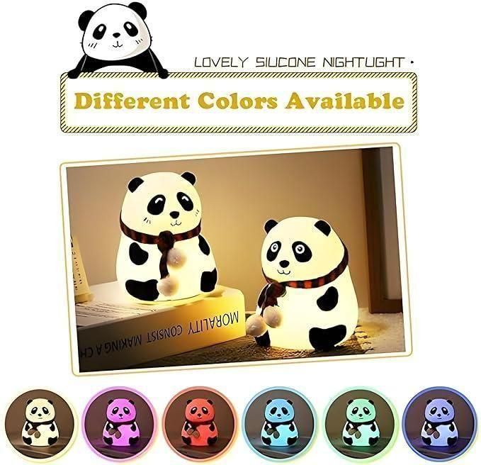 Panda-shaped silicone nightlight with color options displayed below.
