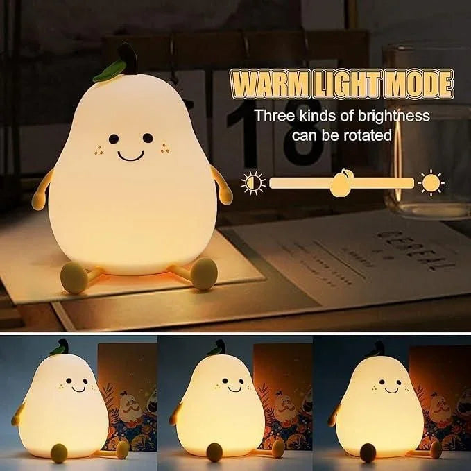Plush penguin night light with warm light mode and brightness control on a desk.