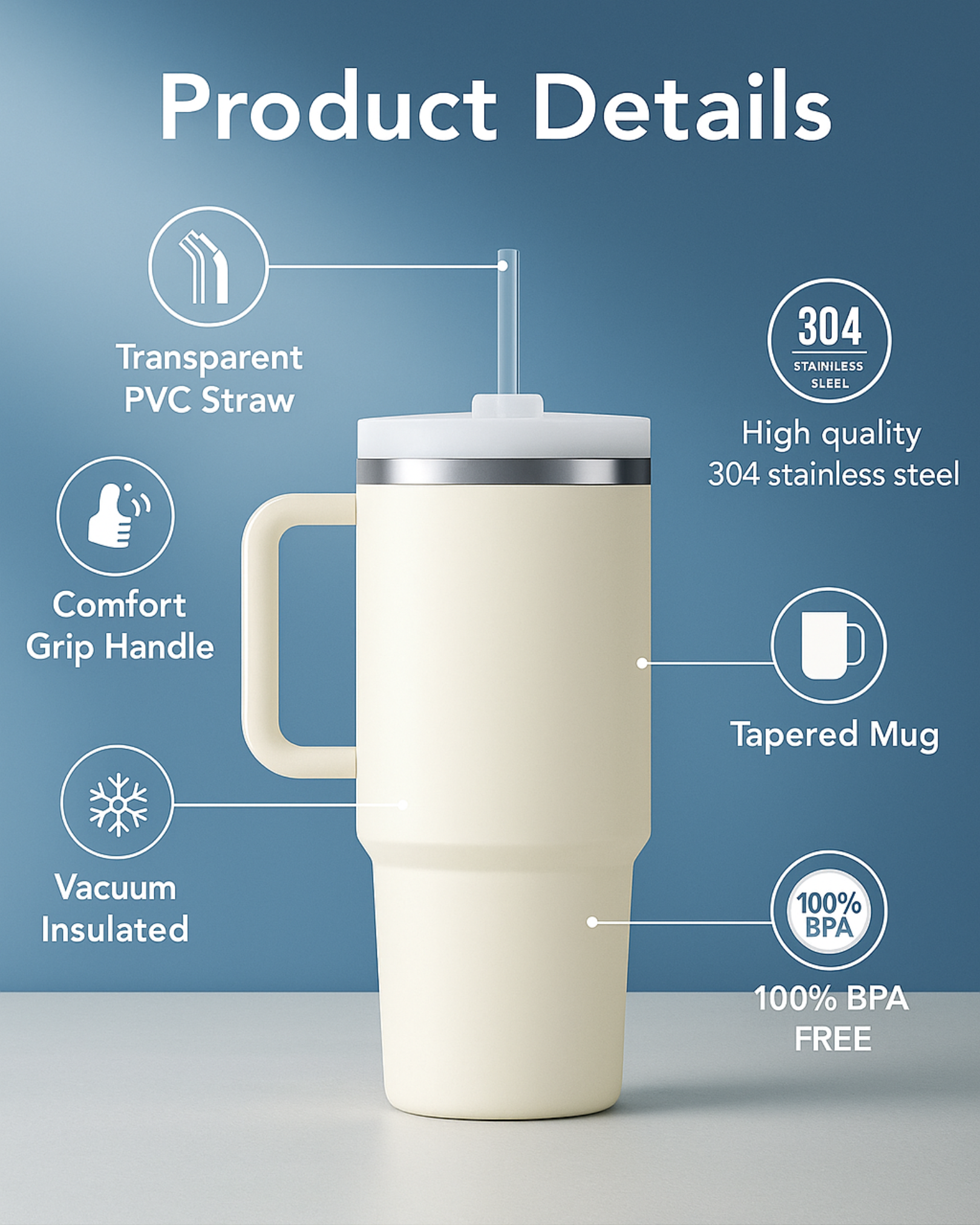 A white stainless steel vacuum insulated tumbler with a lid and transparent PVC straw, featuring product details such as comfort grip handle, high quality 304 stainless steel, and 100% BPA free.