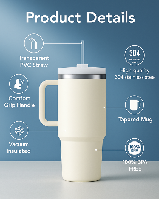 A white stainless steel vacuum insulated tumbler with a lid and transparent PVC straw, featuring product details such as comfort grip handle, high quality 304 stainless steel, and 100% BPA free.