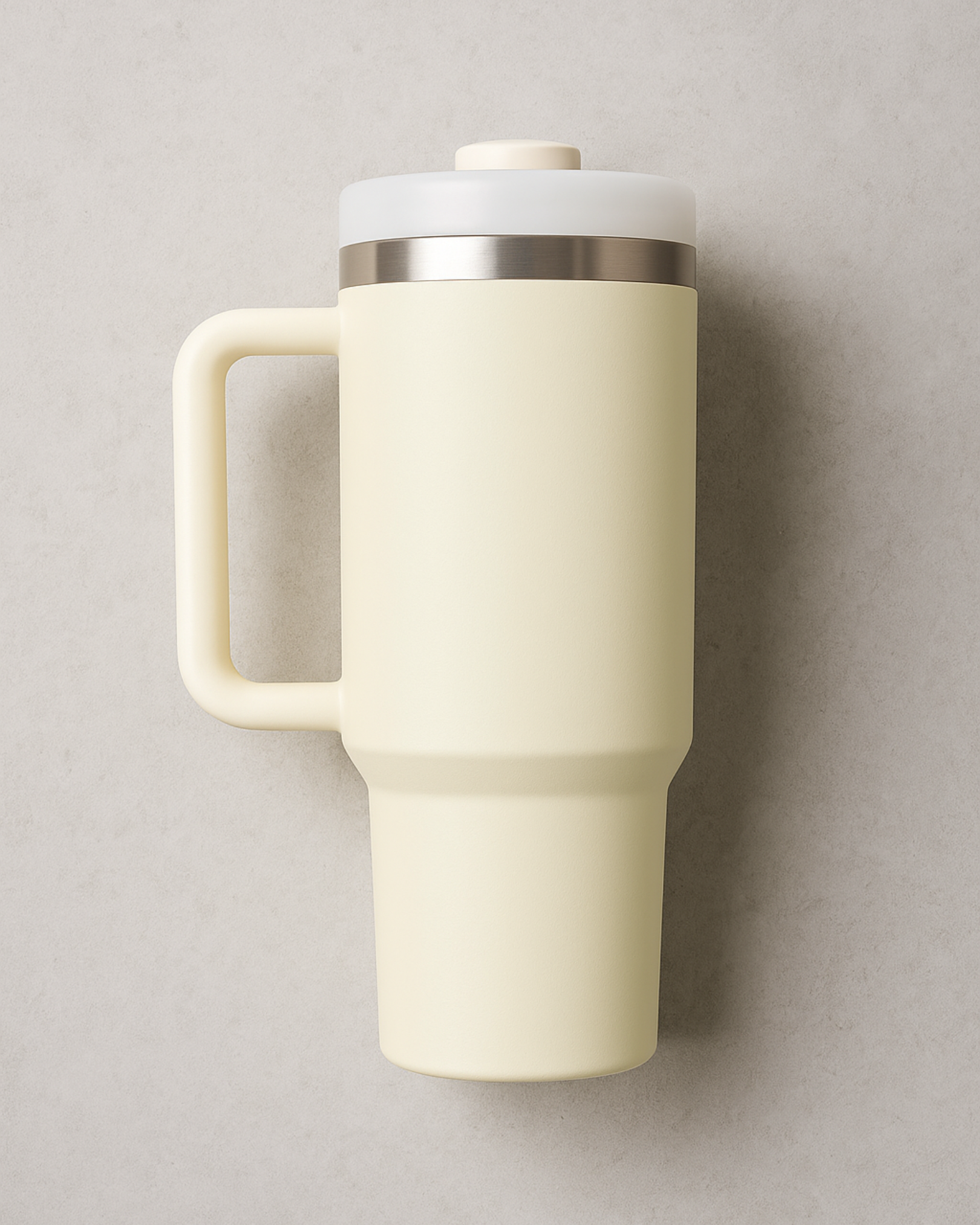 Beige travel mug with handle and lid on a neutral background