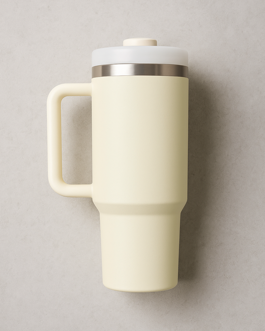 Beige travel mug with handle and lid on a neutral background