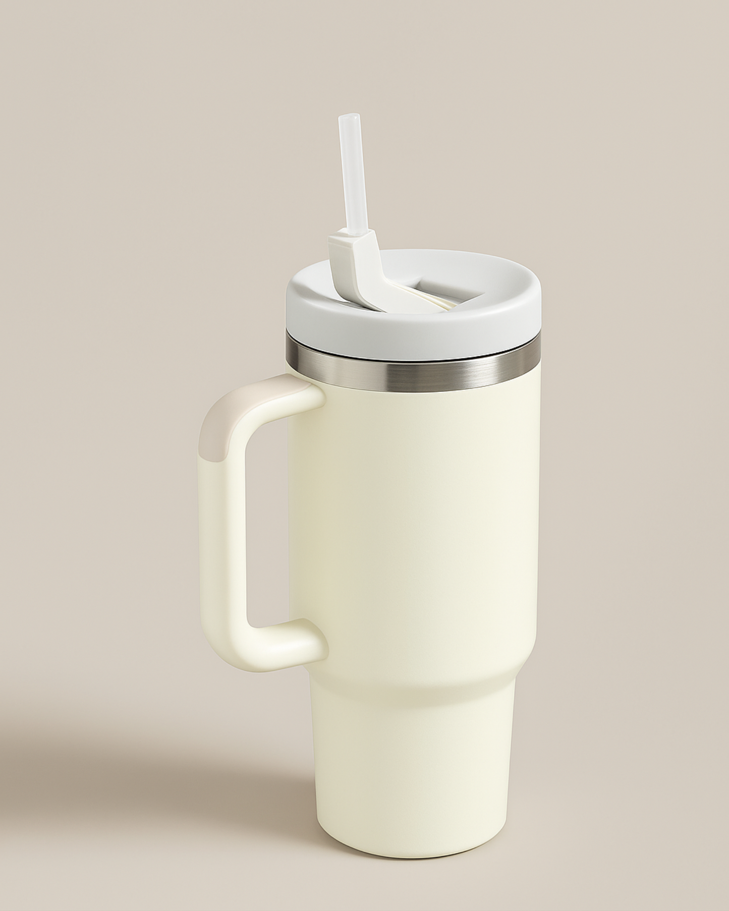 White travel mug with handle and straw on neutral background