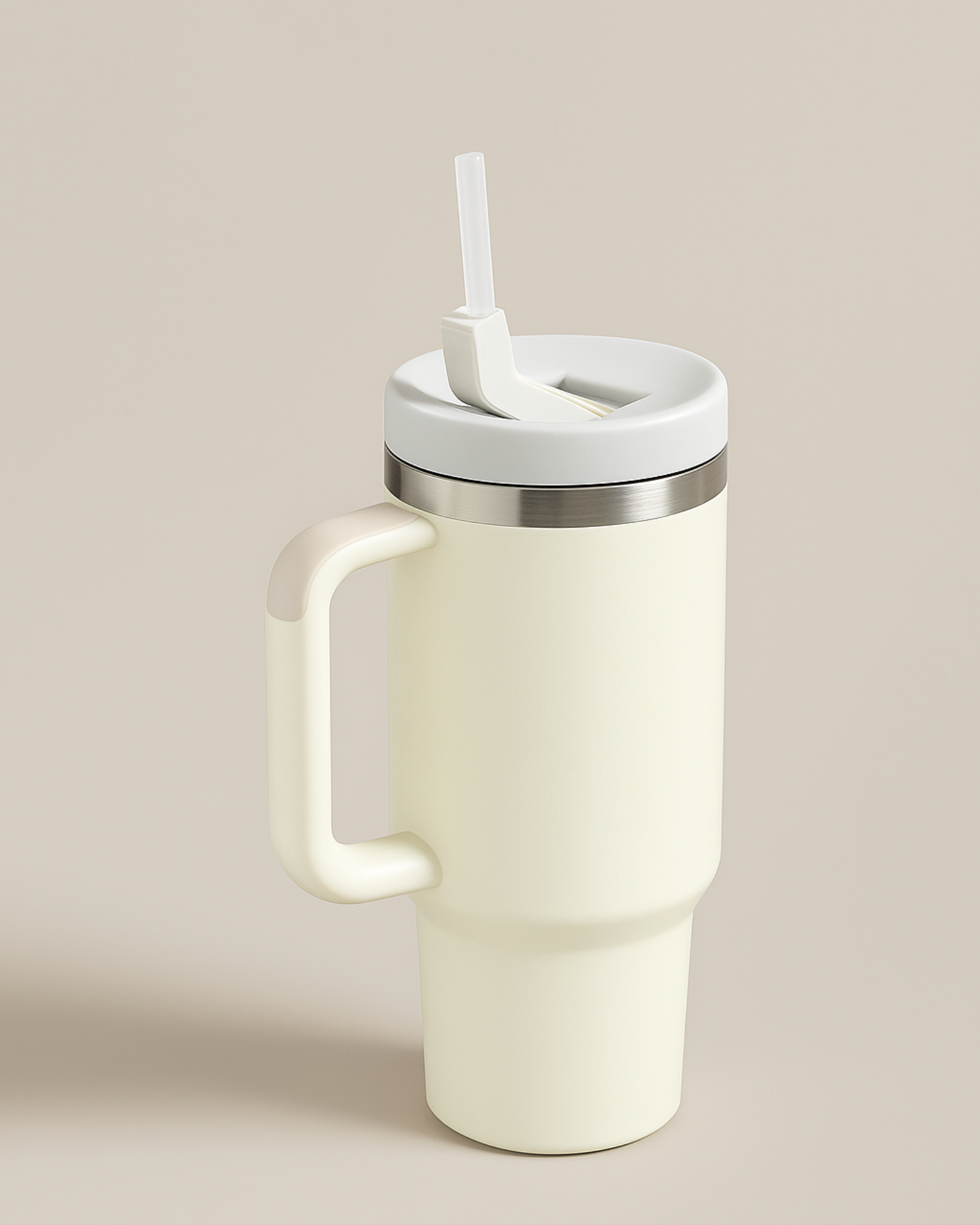 White travel mug with handle and straw on neutral background