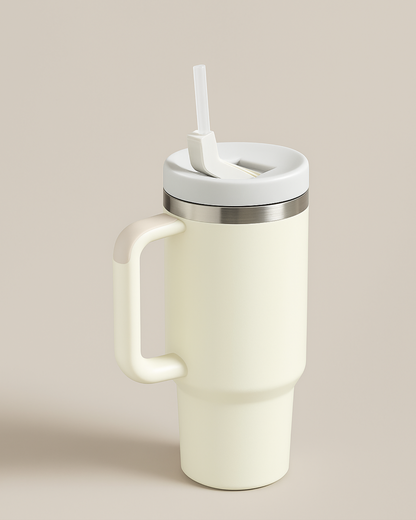 White travel mug with handle and straw on neutral background
