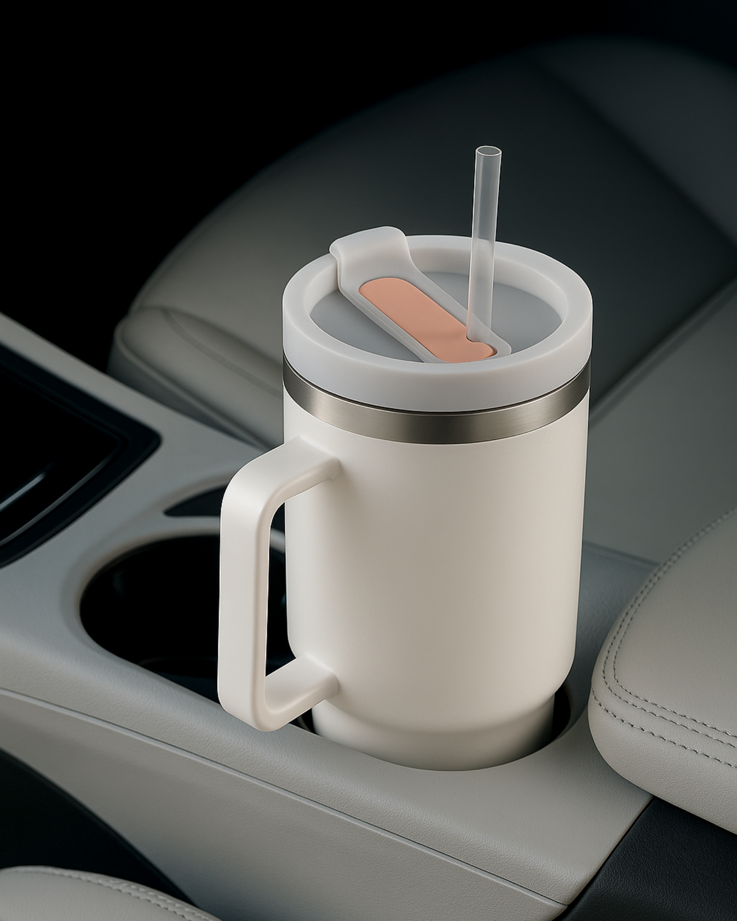 White mug with handle and straw in a car cup holder.