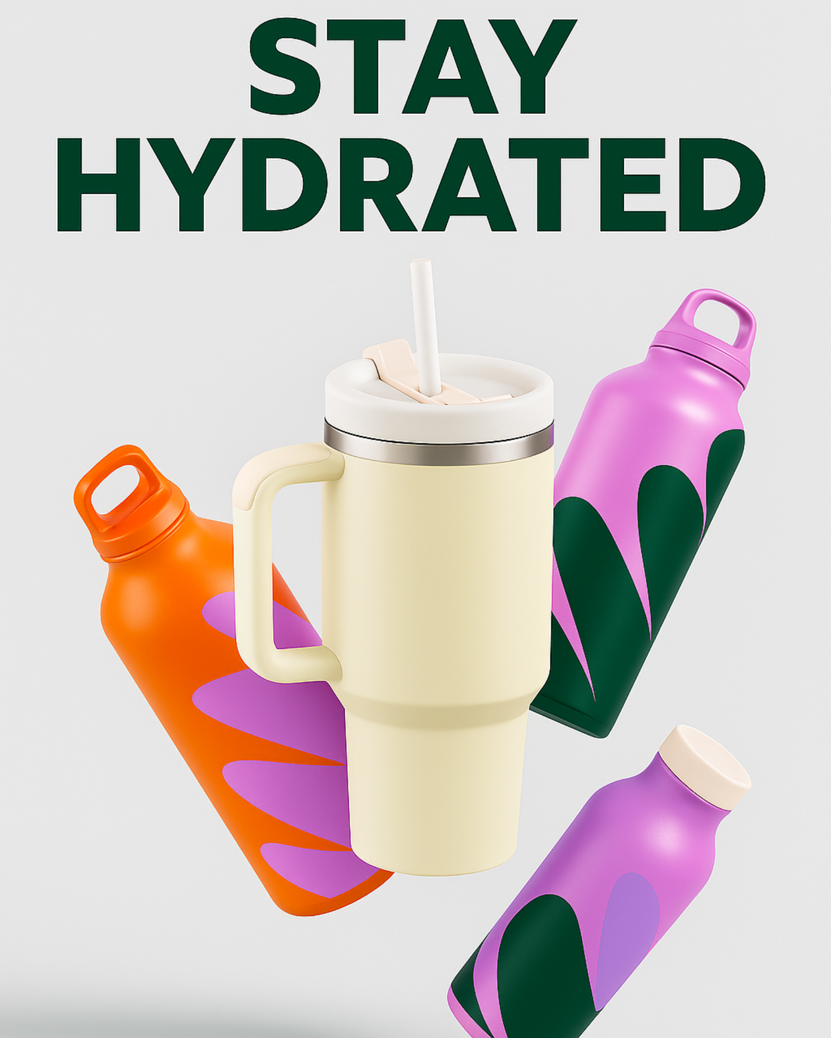 Colorful water bottles with straws on a light background.