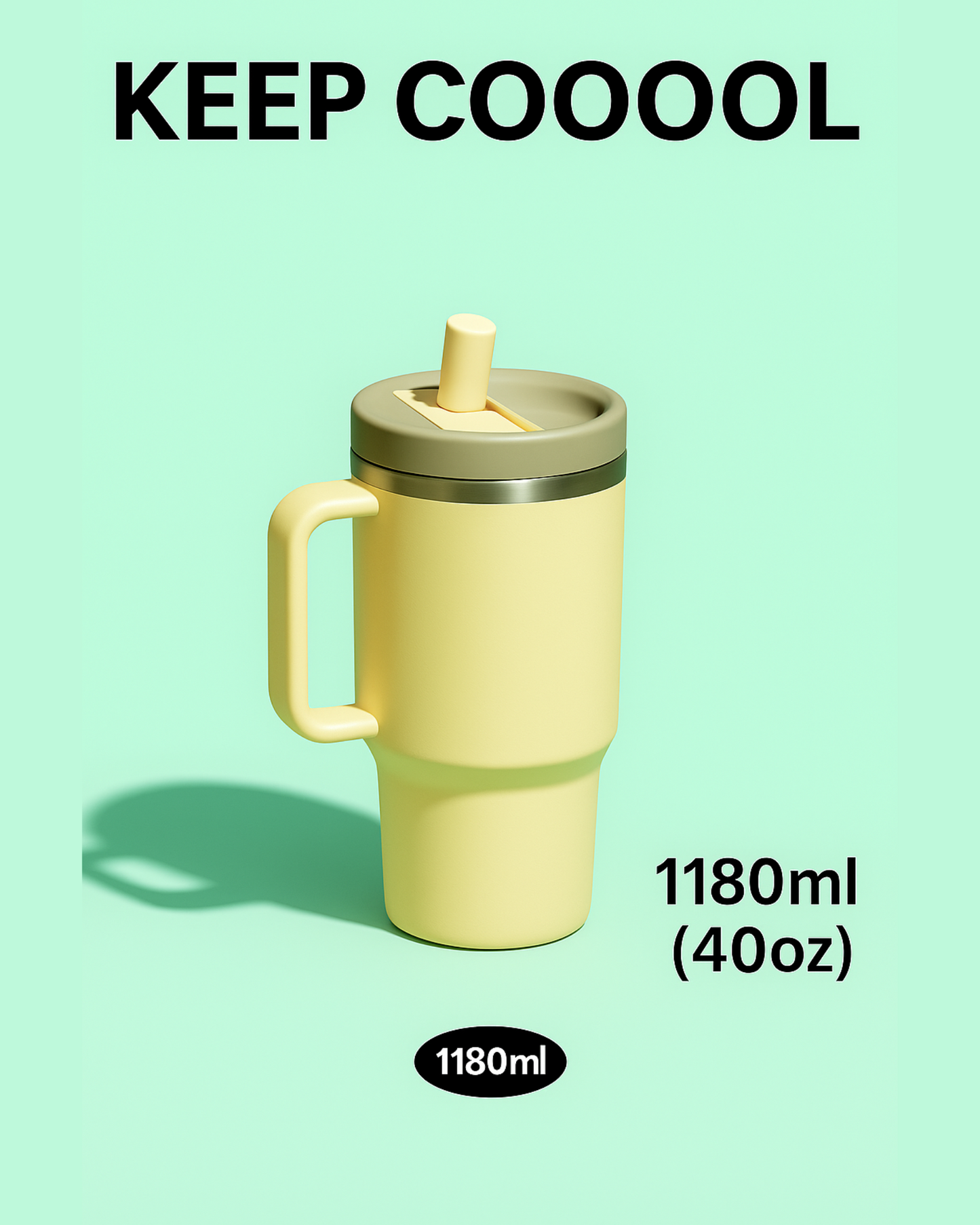 Yellow travel mug with handle and straw on light green background.