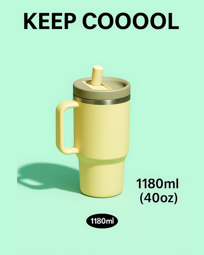 Yellow travel mug with handle and straw on light green background.