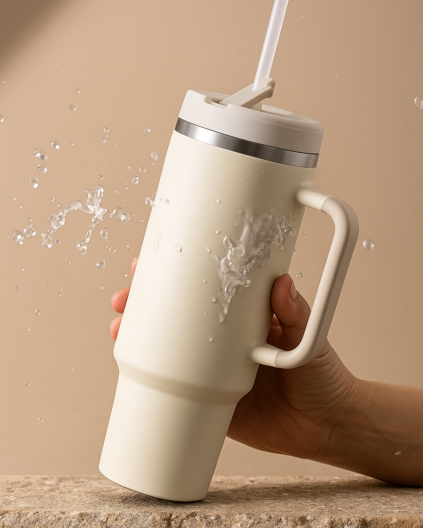 Beige insulated mug with handle and spout against a neutral background