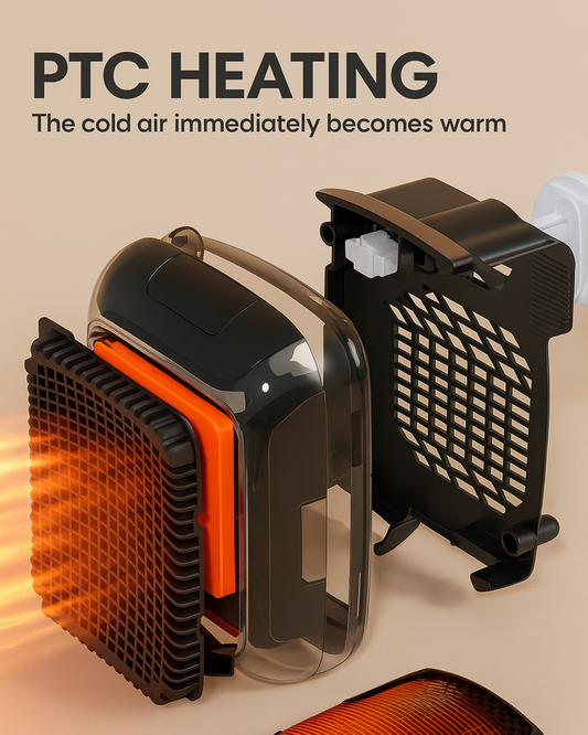 PTC heating device with glowing orange interior on a beige background