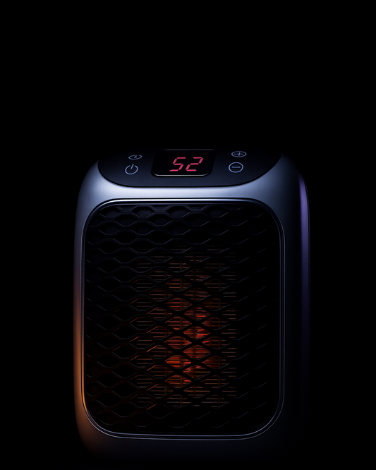 Portable heater with digital display on a black background