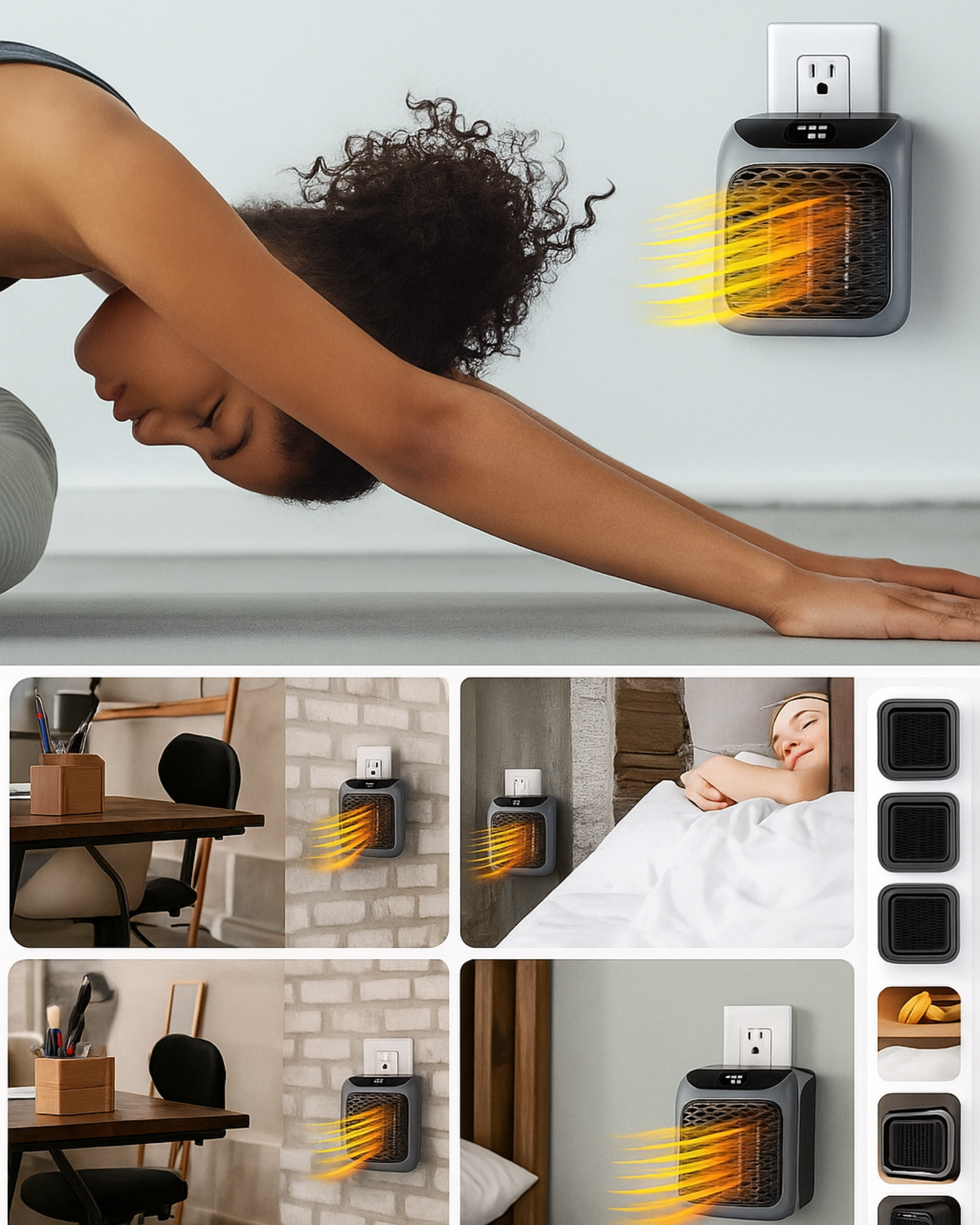 Wall-mounted space heater with various usage scenarios on a light gray background
