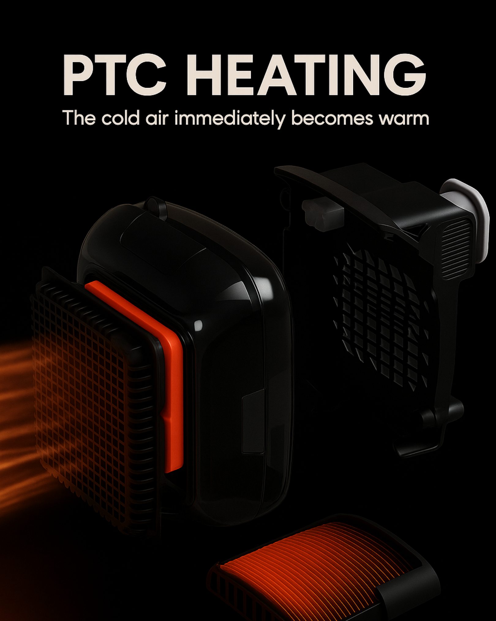 PTC heating device with heat airflow illustration on a black background