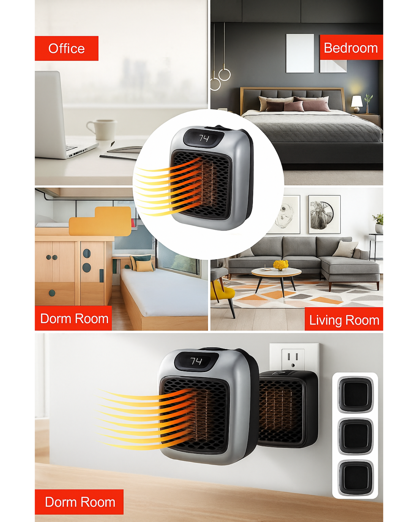 Portable space heater with temperature display shown in various indoor settings like office, bedroom, dorm room, and living room.