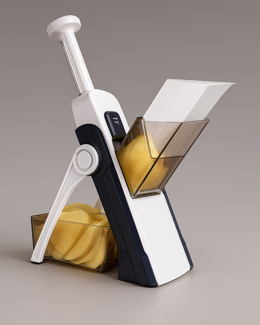 Manual potato peeler with a clear container for collected skin on a gray background