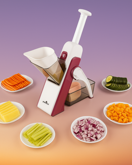 Multifunctional kitchen tool with various sliced vegetables on a gradient background
