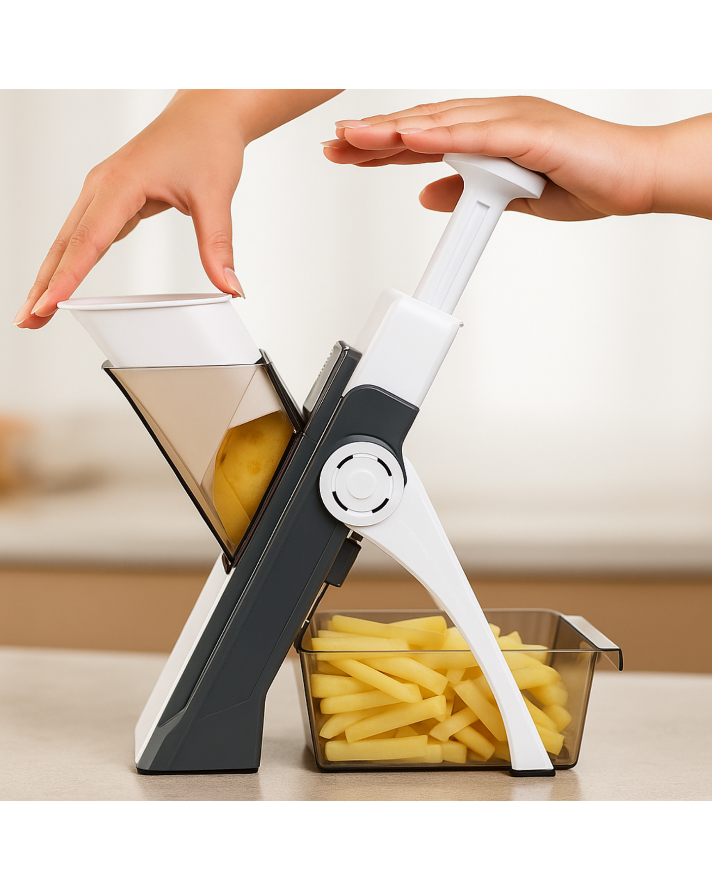Handheld vegetable chopper with a clear container holding sliced potatoes.