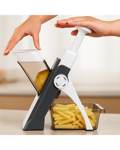 Handheld vegetable chopper with a clear container holding sliced potatoes.