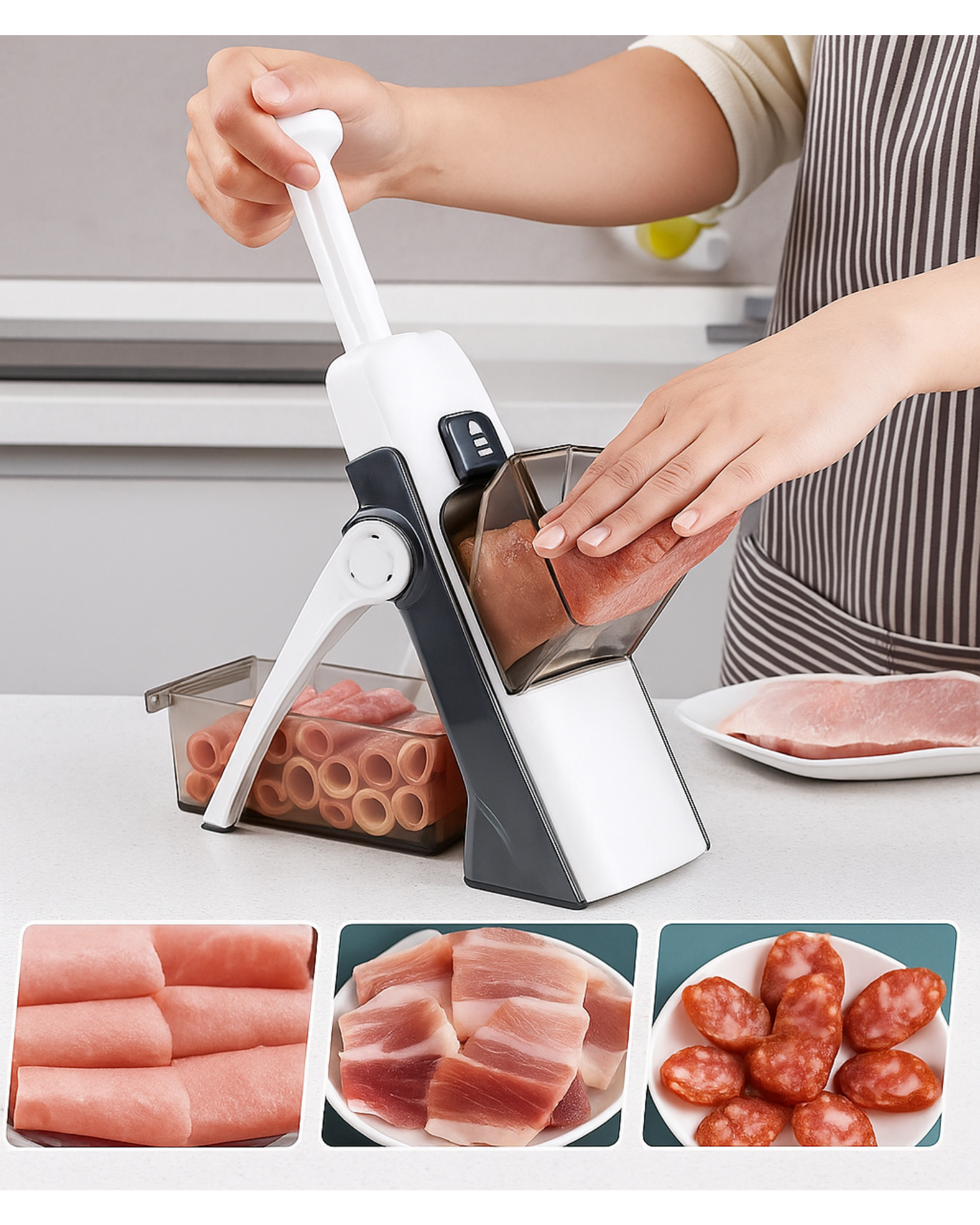 Person using a sausage stuffer with ingredients on a kitchen counter