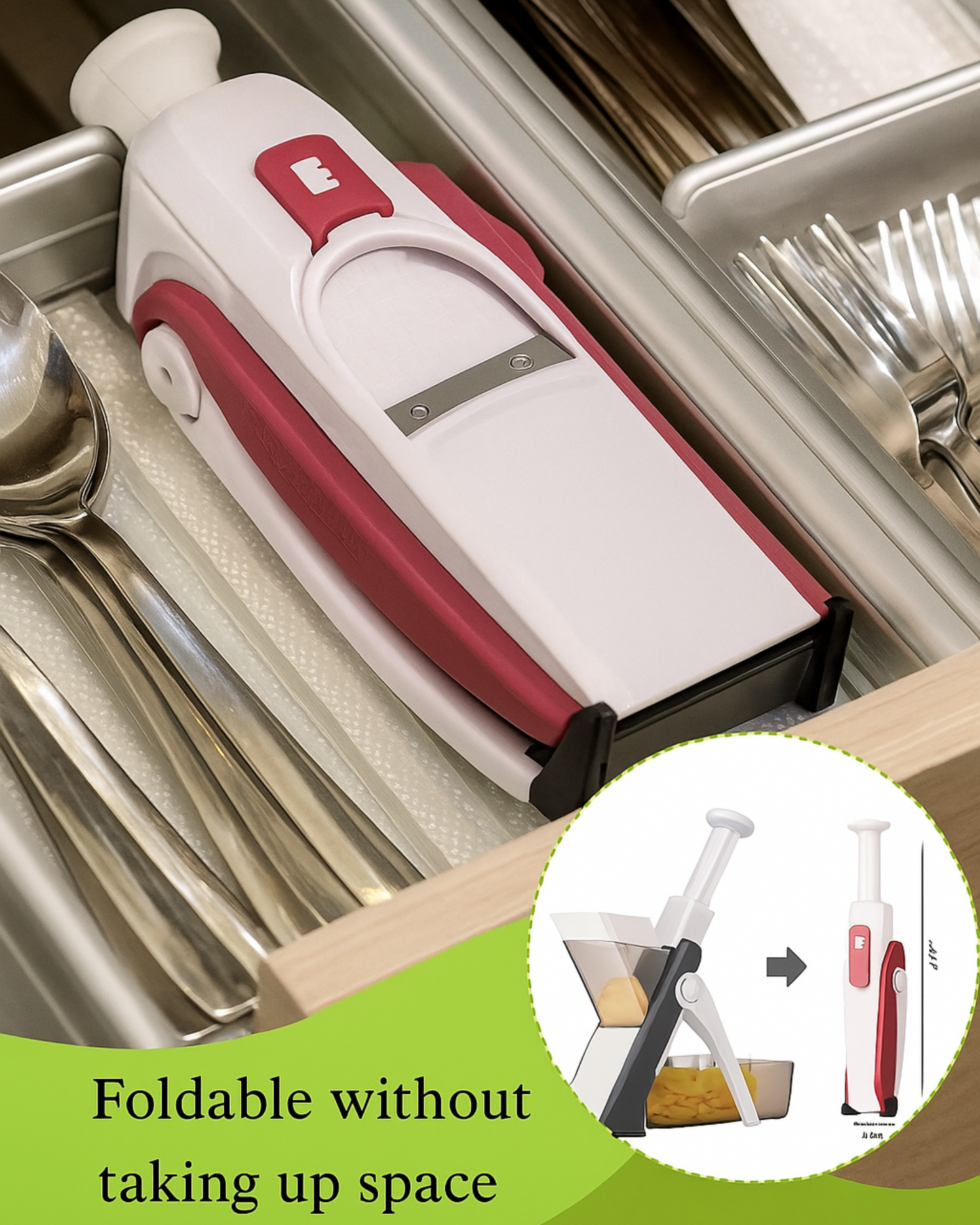 Foldable kitchen tool in a drawer with additional product image and text