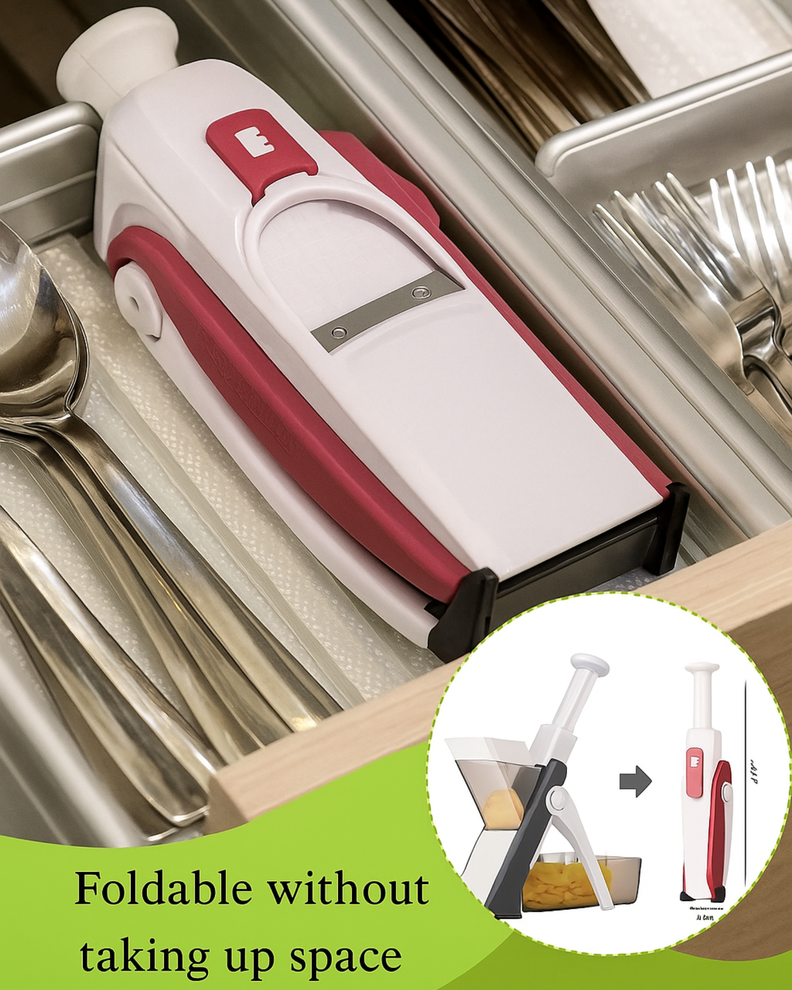 Foldable kitchen tool in a drawer with additional product image and text