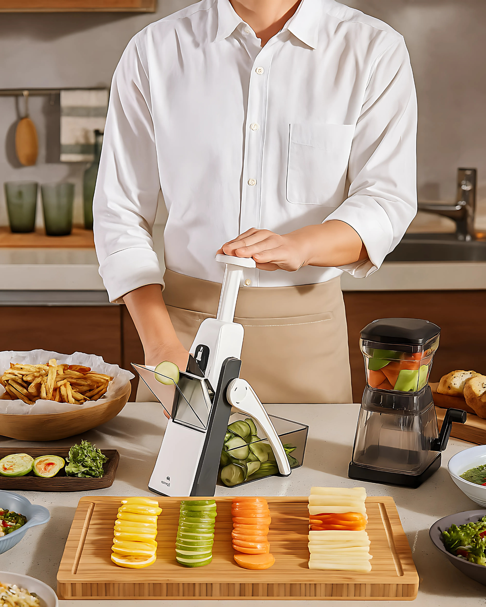 Person using a mandoline slicer to slice vegetables in a kitchen.