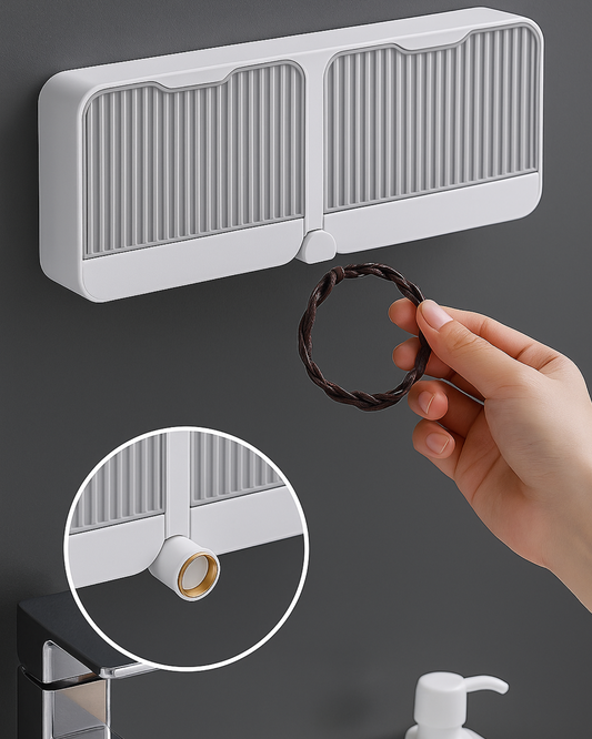 Wall-mounted shower filter with a hand holding a hair tie and close-up of the filter's design.