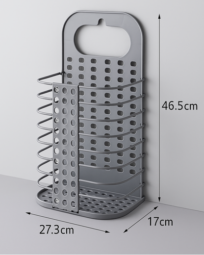 Gray kitchen utensil holder with dimensions on a light gray background