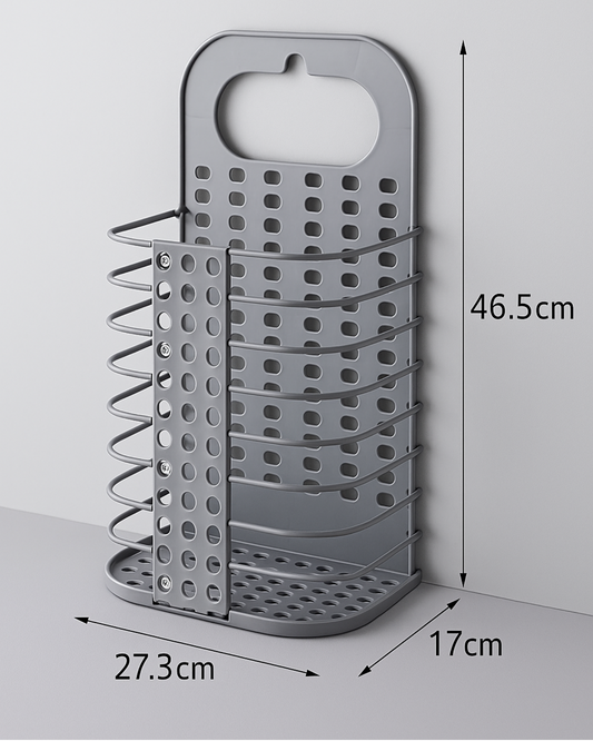 Gray kitchen utensil holder with dimensions on a light gray background