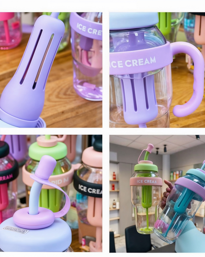 Collage of ice cream-shaped water bottles with various designs and colors.